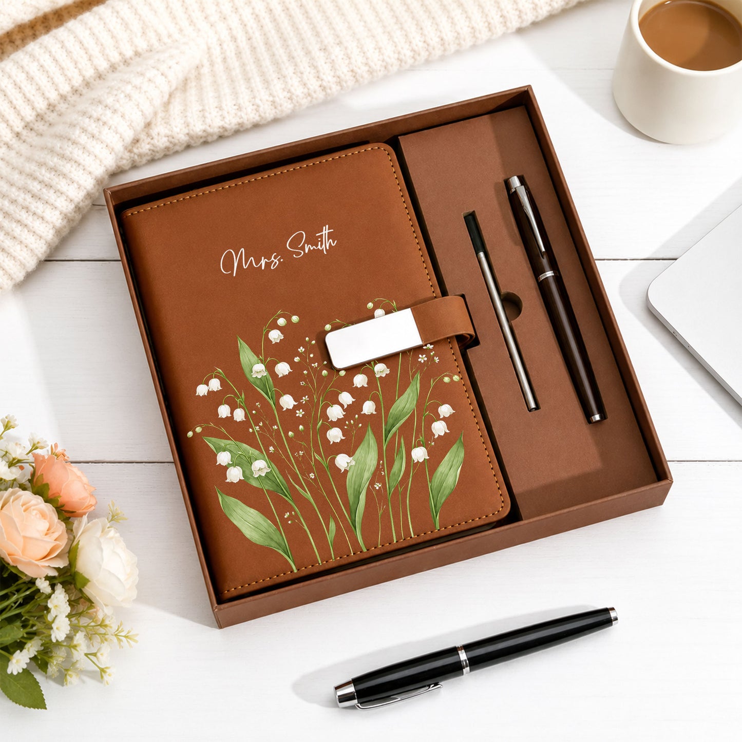 Personalized Leather Notebook Set with Custom Name, Floral Journal Gift Set with Pen for Women, Teacher, Student, Office