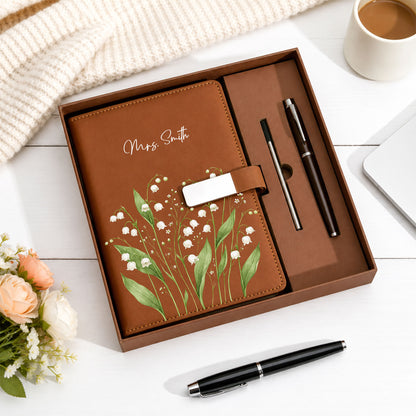Personalized Leather Notebook Set with Custom Name, Floral Journal Gift Set with Pen for Women, Teacher, Student, Office