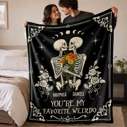 Personalized Skeleton Couple Fleece & Sherpa Blanket, Gothic Blanket with Roses, Halloween Gift for Couples