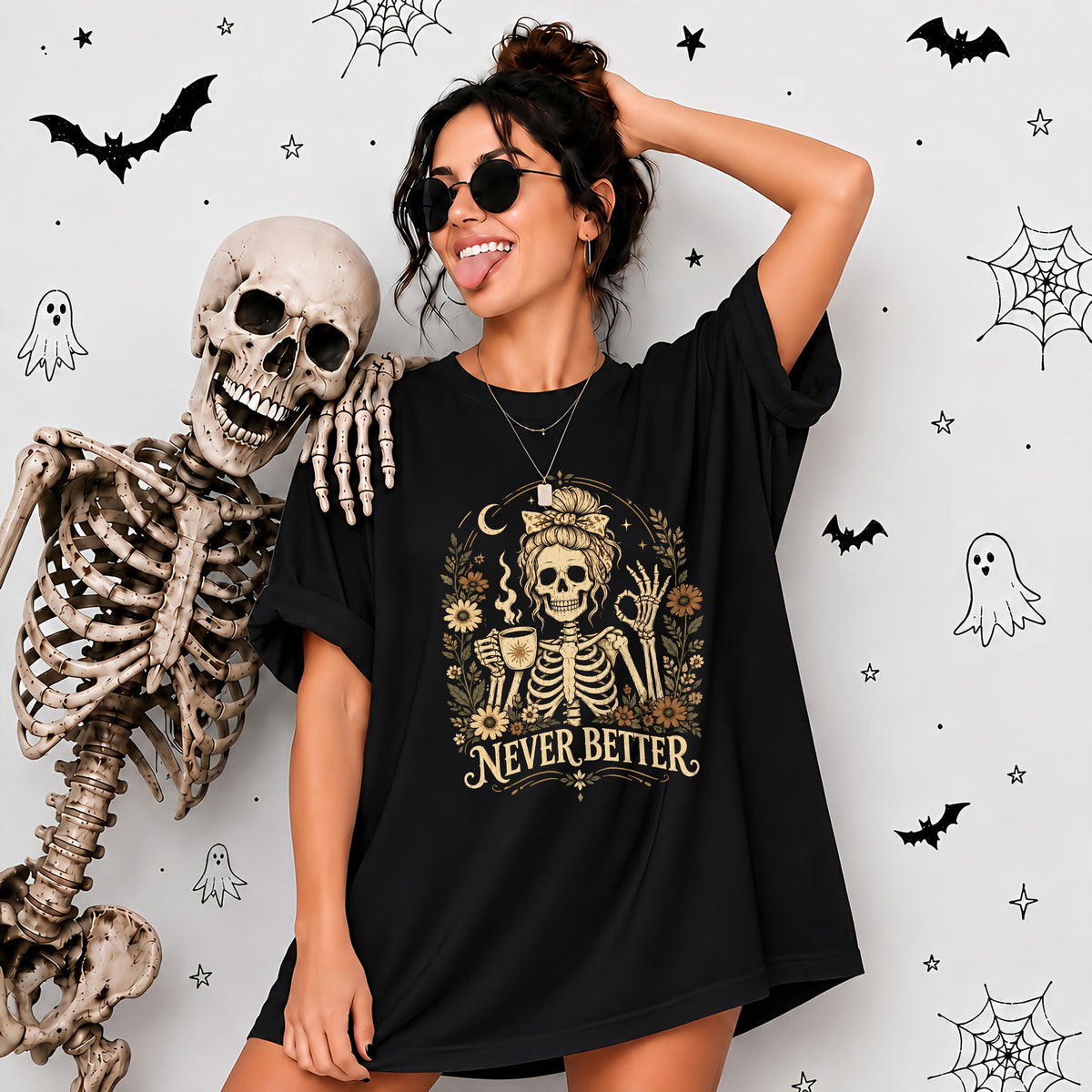 Funny Skeleton Coffee Halloween Sweatshirt, Never Better Graphic, Halloween Gift
