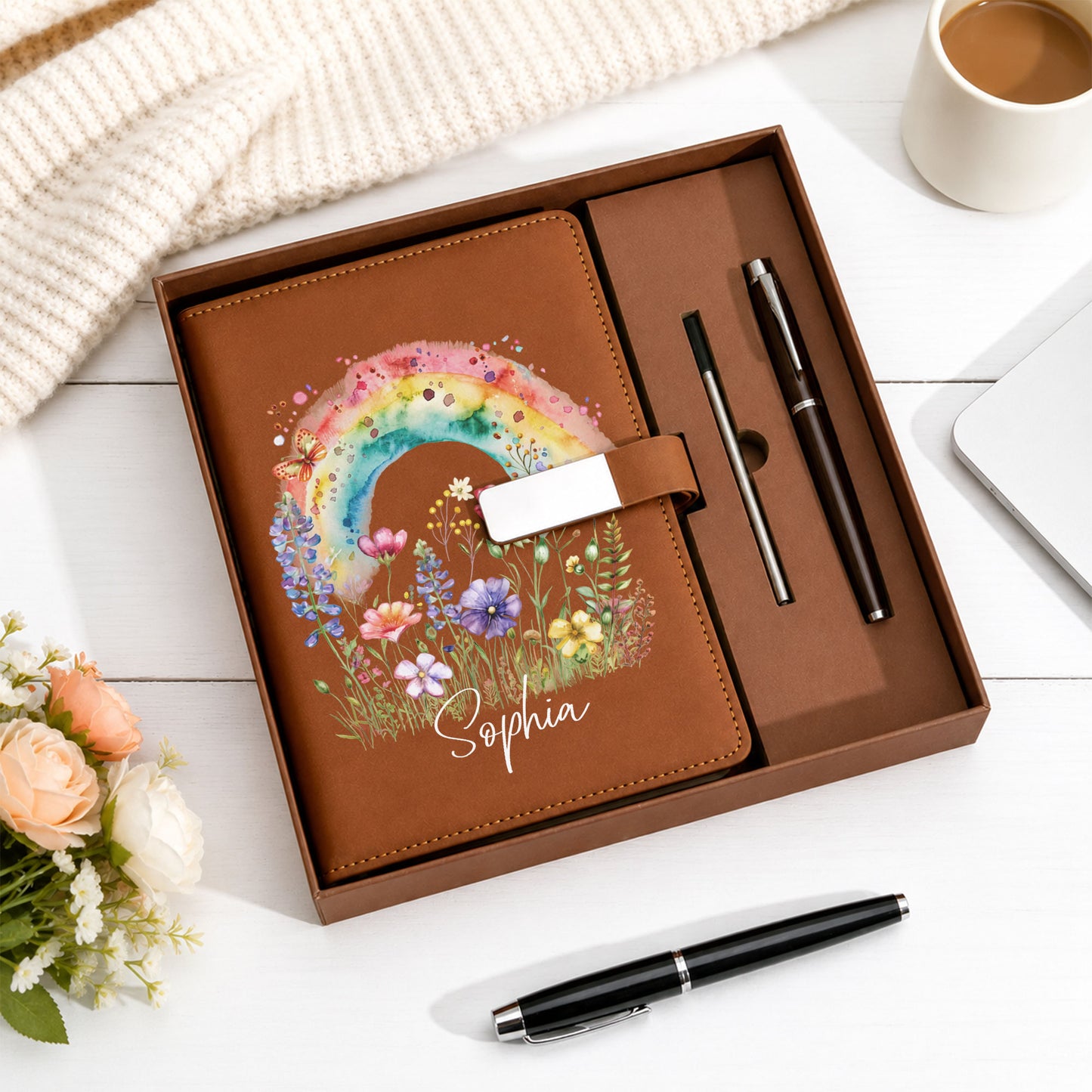 Personalized Leather Notebook Set with Custom Name, Floral Journal Gift Set with Pen for Women, Teacher, Student, Office