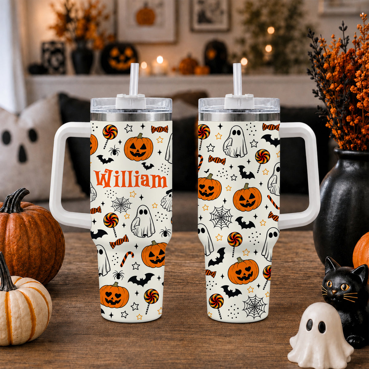 Personalized Halloween Tumbler, 40oz Travel Tumbler with Name, Vintage Spooky Pattern Gift Girls and Boys
