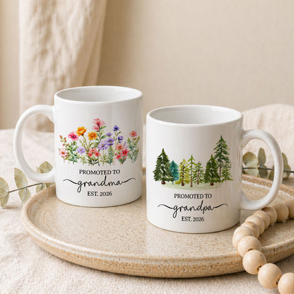 Personalized Promoted to Grandma Grandpa Mug Set – Matching Couple Coffee Mugs Est 2026, New Grandparents Gift