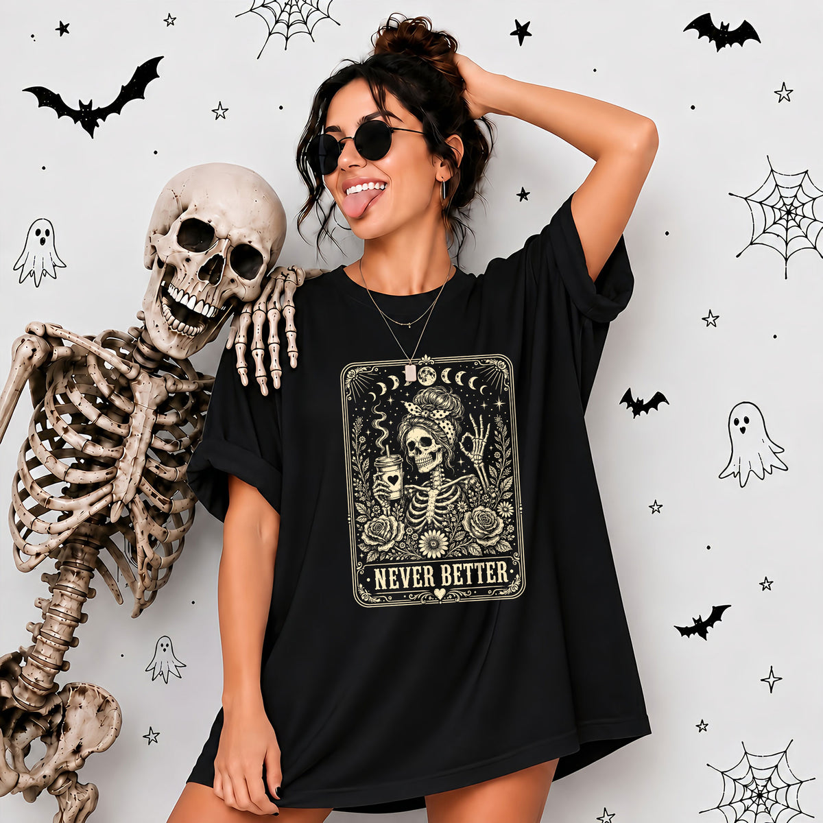 Funny Skeleton Coffee Halloween Sweatshirt, Never Better Graphic, Halloween Gift