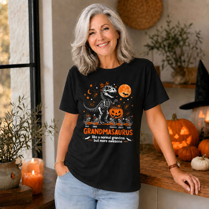 Personalized Grandmasaurus Halloween T-Shirt, Custom Grandkids Names Dinosaur Family Shirt, Spooky Pumpkin Grandma Tee