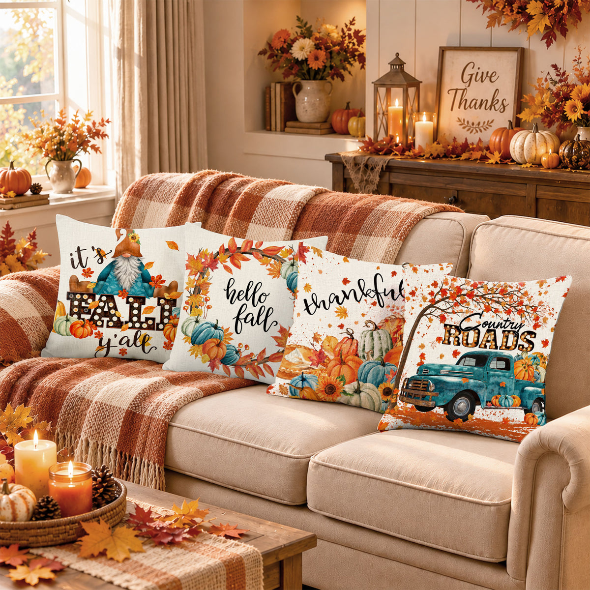 Thanksgiving Fall Decorative Pillow Set of 2 or 4, Harvest Throw Pillows for Home Decor, Gifts for Family