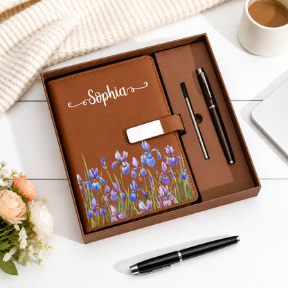 Personalized Floral Journal Gift Set - Custom Name Birth Month Flower Leather Notebook with Pen - Birthday Gift for Women, Friends