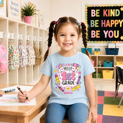 Personalized Hello School Shirt for Kids – Custom Name & Grade Back to School Tee for Pre-K to 8th Grade Students