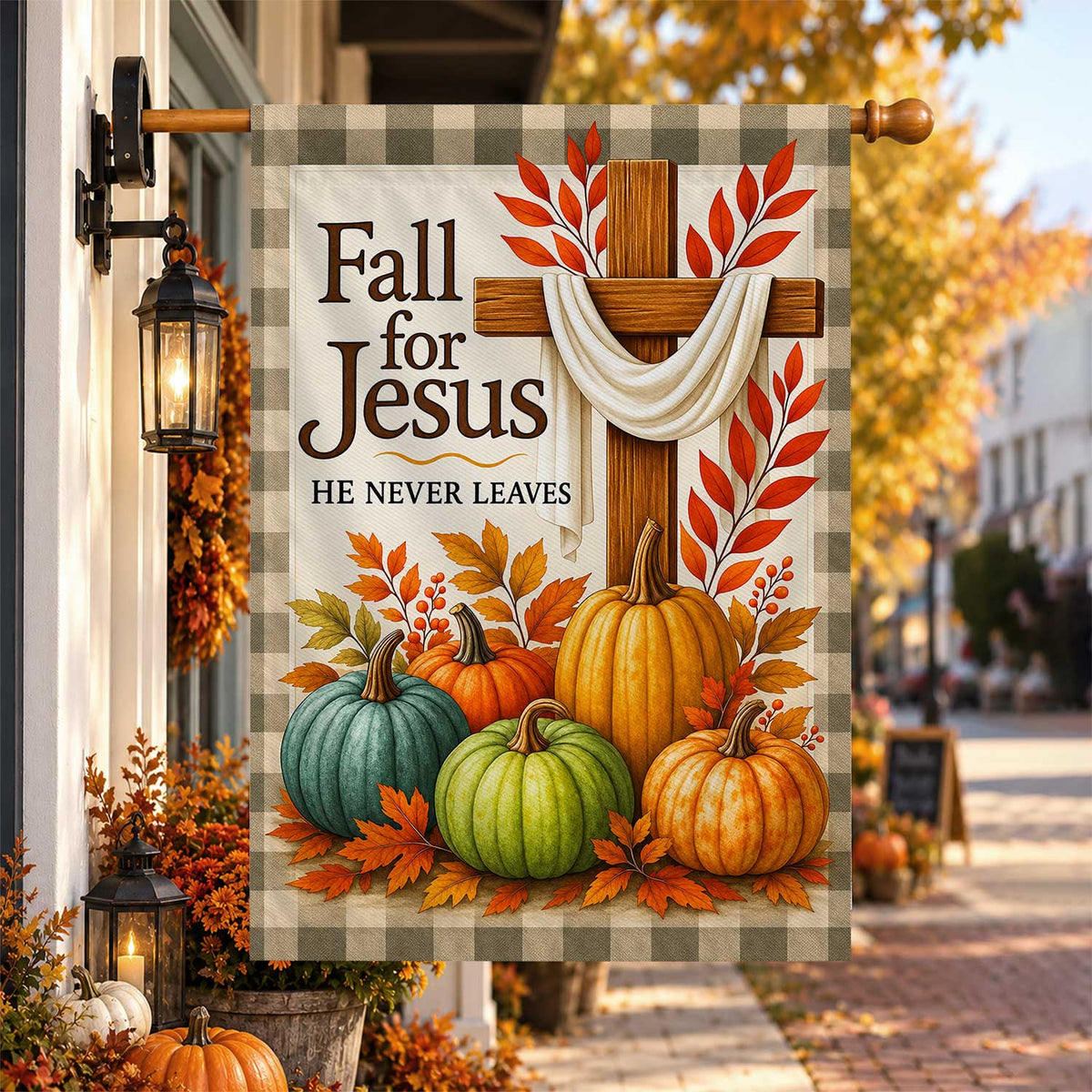 Give Thanks Fall Garden Flag, Rustic Cross Pumpkin Thanksgiving Yard Flag, Autumn Outdoor Decor