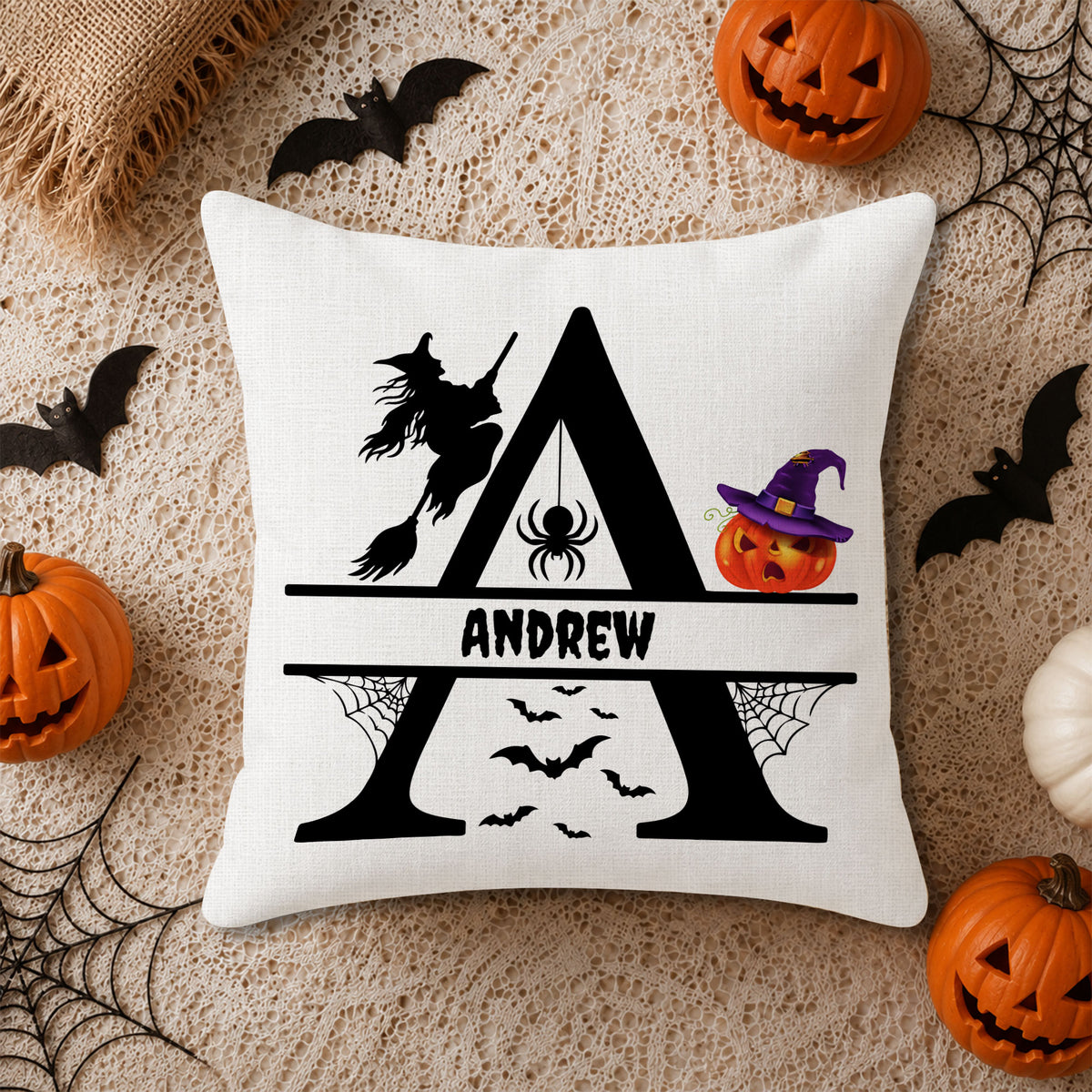 Personalized Halloween Pillow, Custom Alphabet Initial & Name Pumpkin Throw Pillow Gift for Kids and Family
