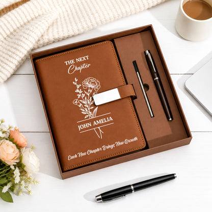 Personalized Leather Journal Gift Set - Birth Month Flower New Chapter Notebook - Graduation Gift, Inspirational Gift for Women, Friends