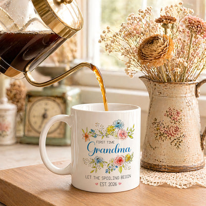 Personalized First Time Grandma Mug – Let The Spoiling Begin Coffee Mug, New Grandma Gift Est 2026