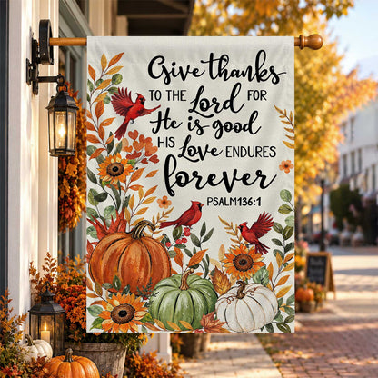 Give Thanks Fall Garden Flag, Rustic Cross Pumpkin Thanksgiving Yard Flag, Autumn Outdoor Decor