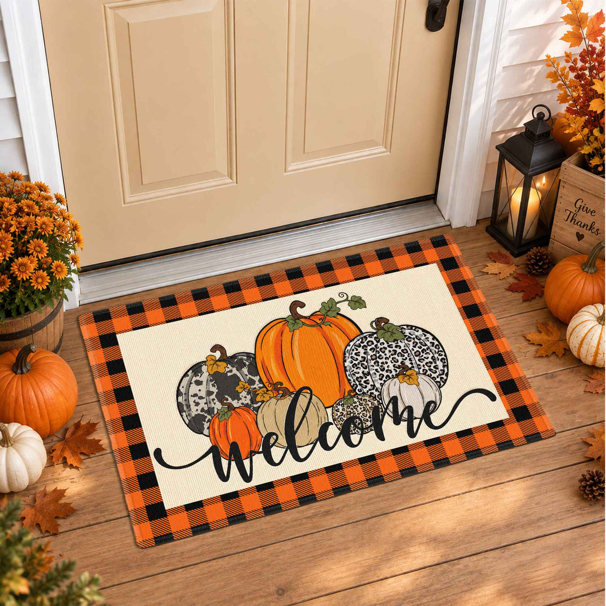 Fall Football Pumpkin Doormat, Welcome Autumn Leaves Door Mat, Thanksgiving Home Decor