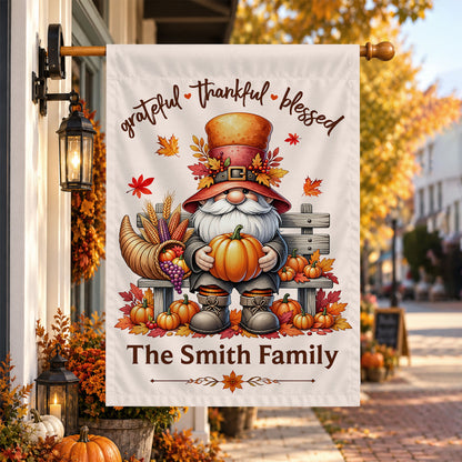 Personalized Thanksgiving Family Flag, Gnome Fall Garden Custom Family Name, Outdoor Decor Gift For Family