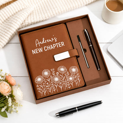 Personalized Leather Journal Gift Set – Birth Month Flower Custom Name Notebook with Pen - Graduation Gift, Personalized Diary for Women & Men