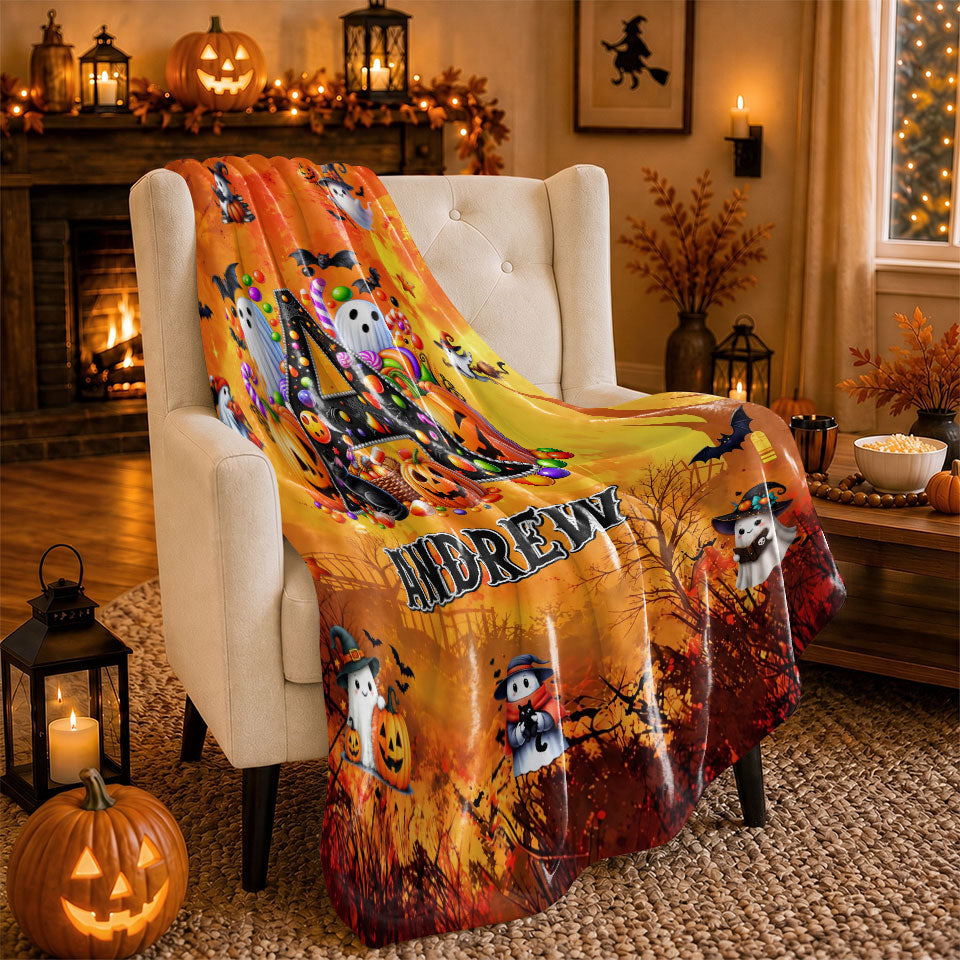 Personalized Halloween Blanket for Kids, Ghost Pumpkin Name Blanket, Fleece & Sherpa Blanket