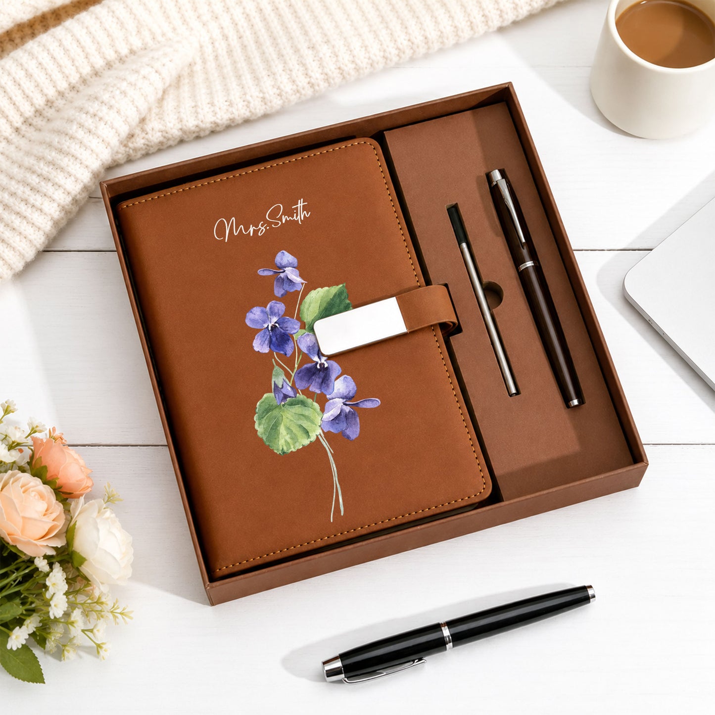 Personalized Leather Notebook Set with Custom Name, Floral Journal Gift Set with Pen for Women, Teacher, Student, Office