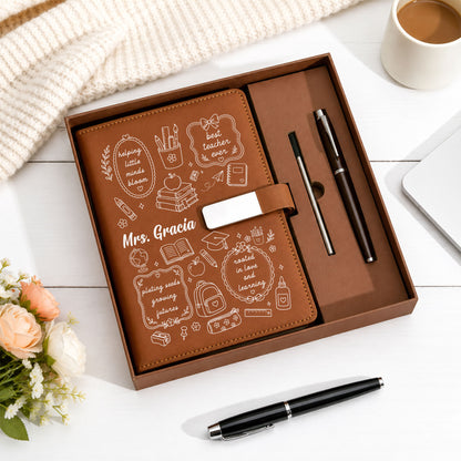 Personalized Teacher Journal Gift Set - Custom Teacher Leather Notebook and Pen - Appreciation Gift for Teachers