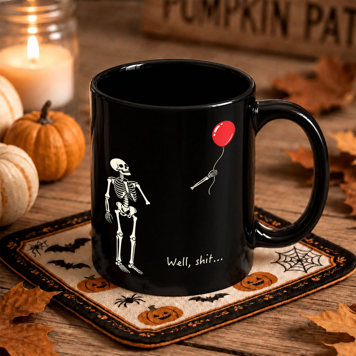 Skeleton Holding Red Balloon Halloween Mug, Funny Spooky Coffee Mug, Halloween Gift