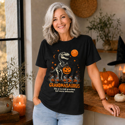 Personalized Grandmasaurus Halloween T-Shirt, Custom Grandkids Names Dinosaur Family Shirt, Spooky Pumpkin Grandma Tee