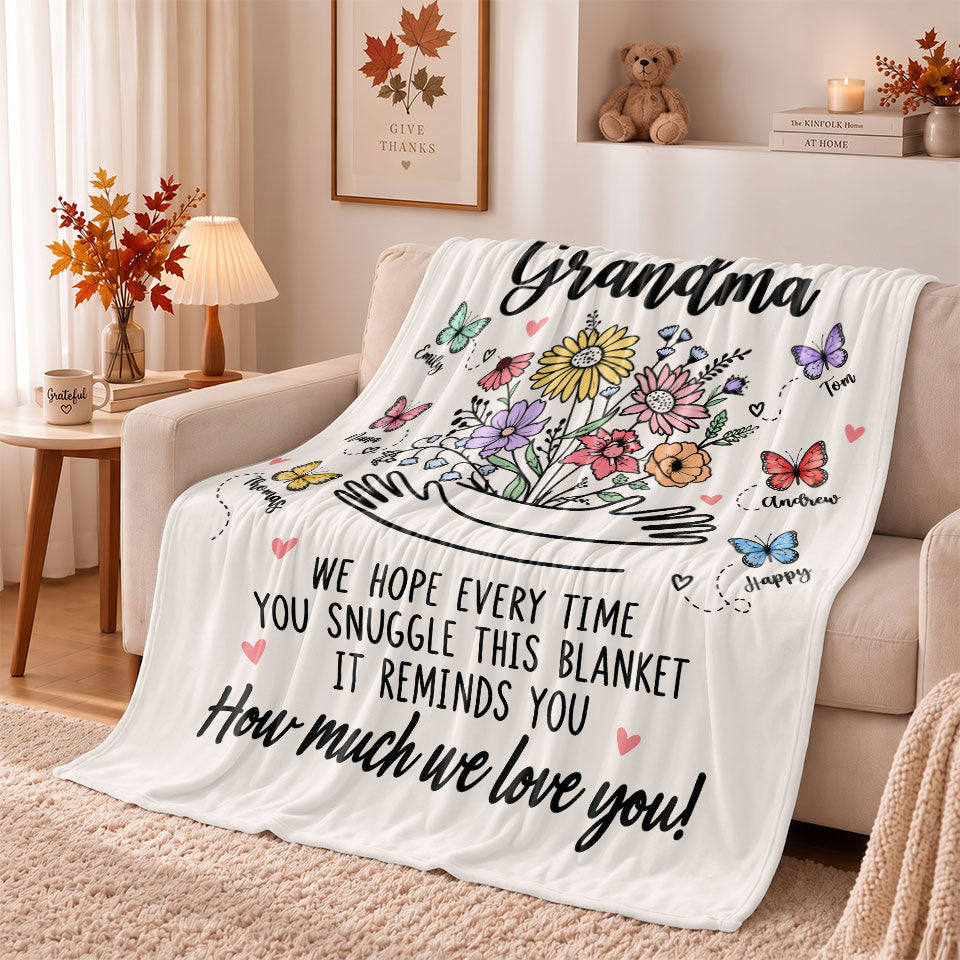 Personalized Grandma Blanket Vintage Wildflower Thanksgiving Gift for Grandma from Grandkids, Family Gift
