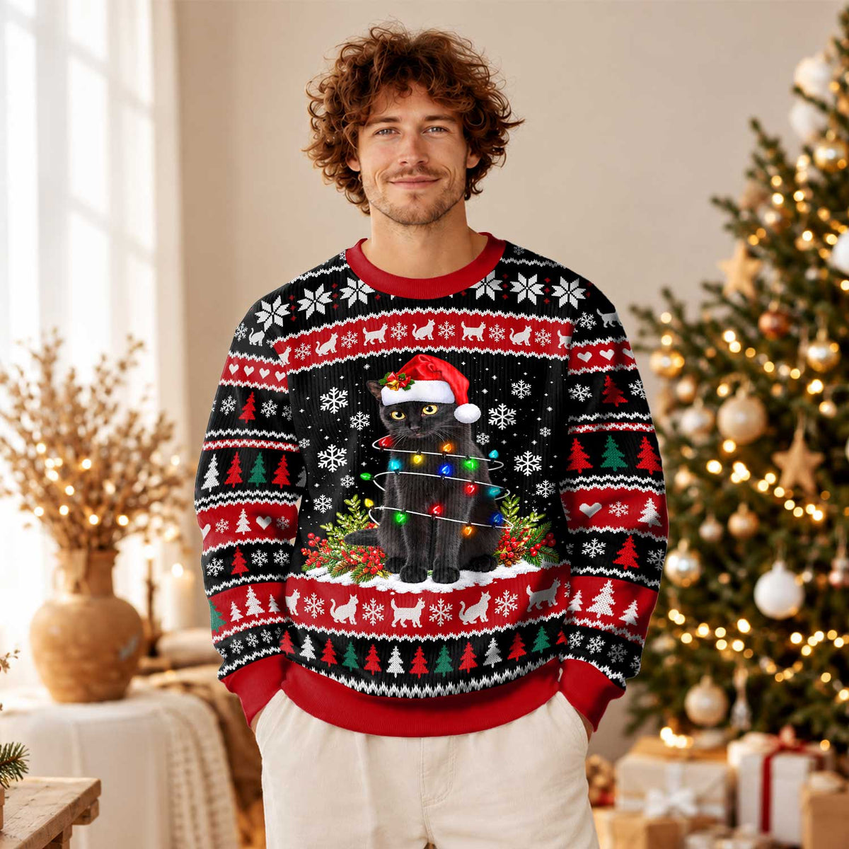 Cute Black Cat Christmas Sweater, Festive Snowflake Ugly Sweater, Christmas Gift for Cat Lovers