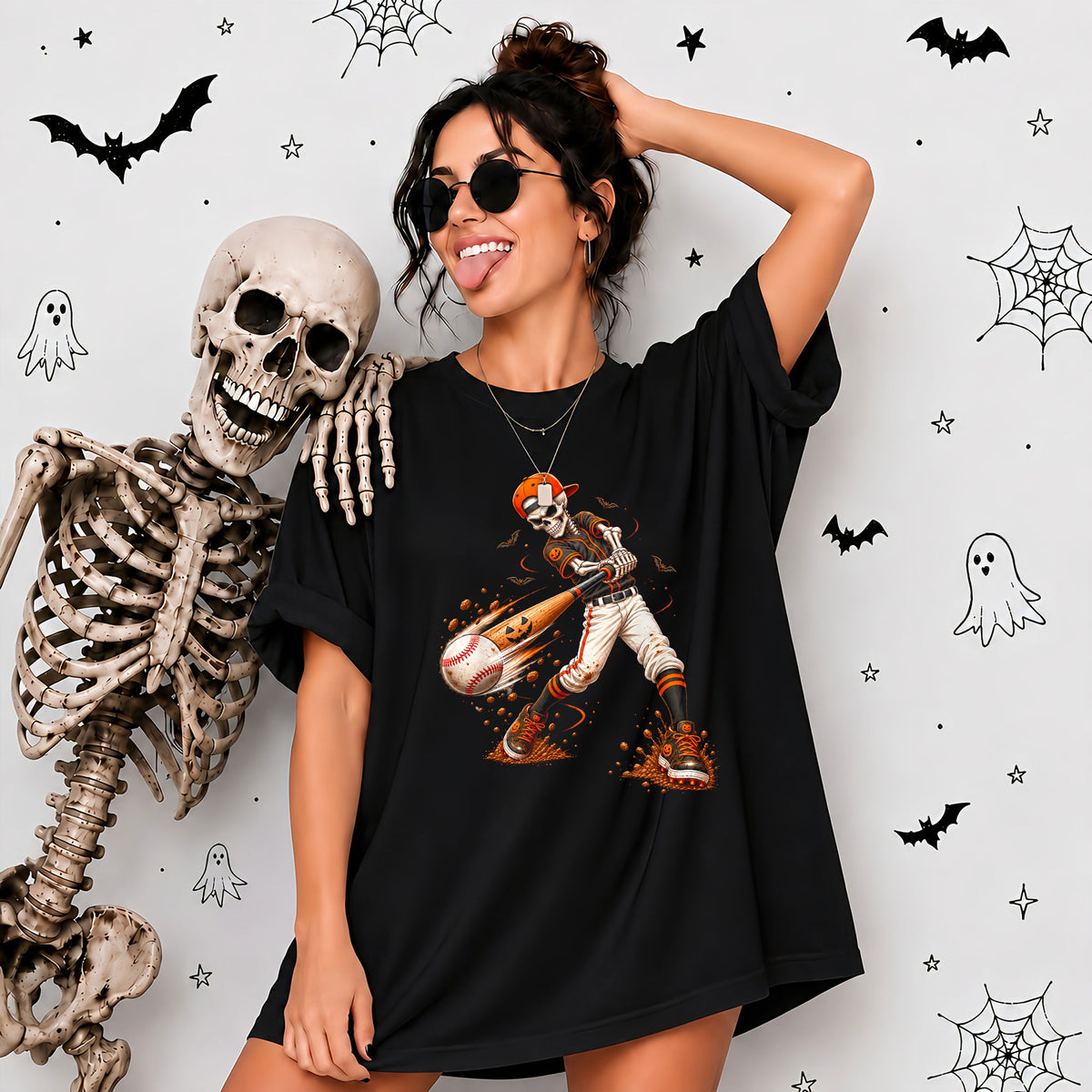 Baseball Skeleton Graphic Halloween Sweatshirt, Spooky Baseball Player Shirt, Funny Halloween Gift