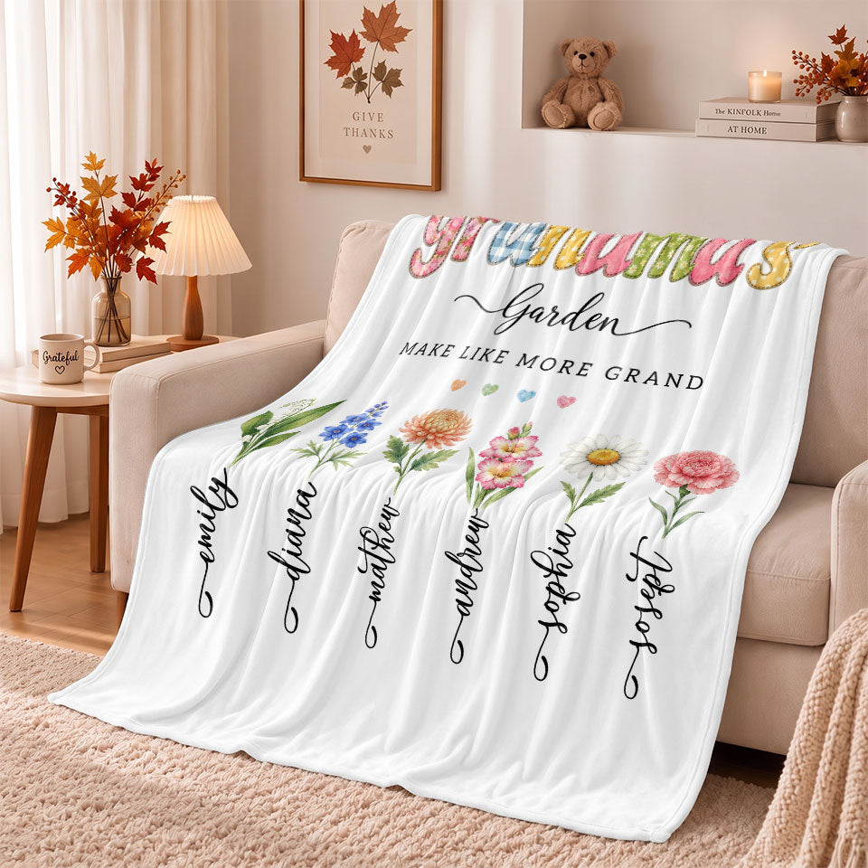 Personalized Grandma Thanksgiving Fleece & Sherpa Blanket, Family Garden Floral Custom Name Gift for Grandma