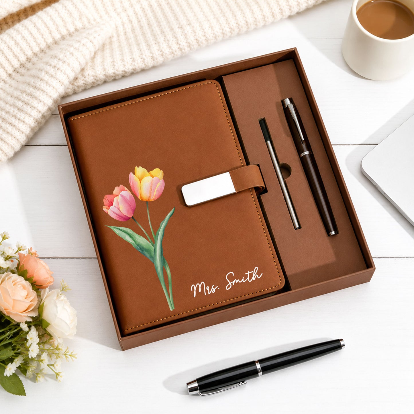 Personalized Leather Notebook Set with Custom Name, Floral Journal Gift Set with Pen for Women, Teacher, Student, Office