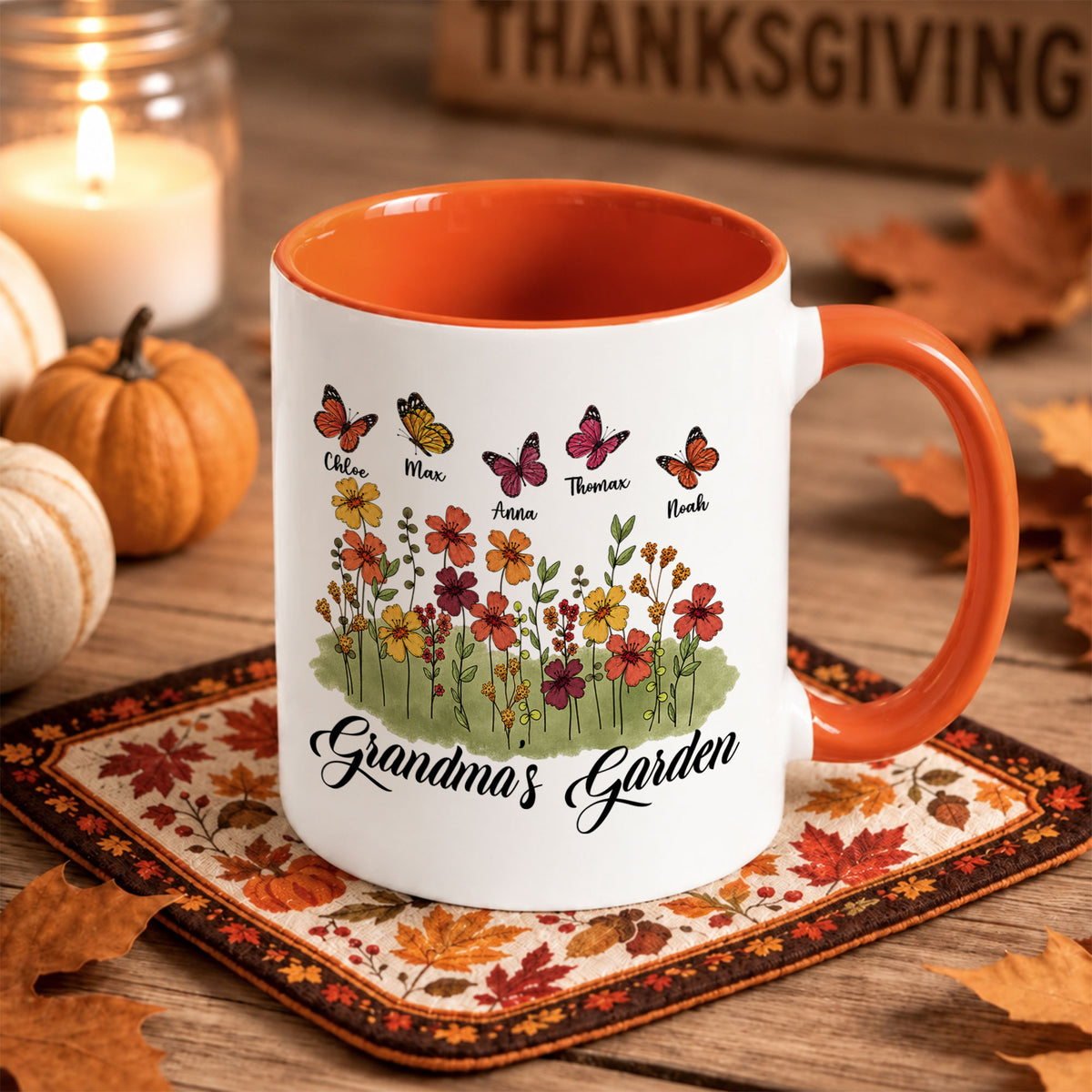 Personalized Grandma’s Garden Mug, Custom Grandkids, Thanksgiving Autumn Gift For Grandma