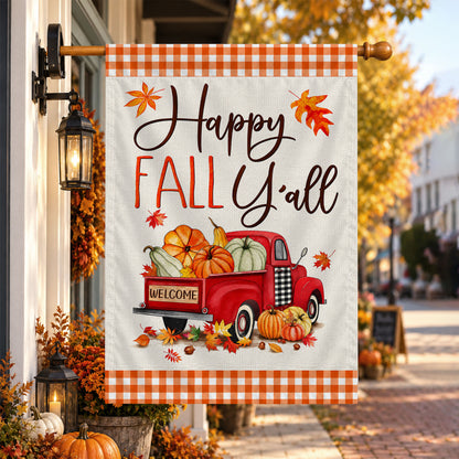 Hello Fall Garden Flag, Welcome Truck Happy Fall Ya'll Floral Pumpkin Outdoor Decor Gift For Family