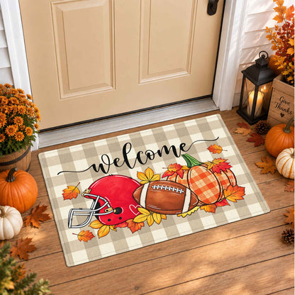 Fall Football Pumpkin Doormat, Welcome Autumn Leaves Door Mat, Thanksgiving Home Decor