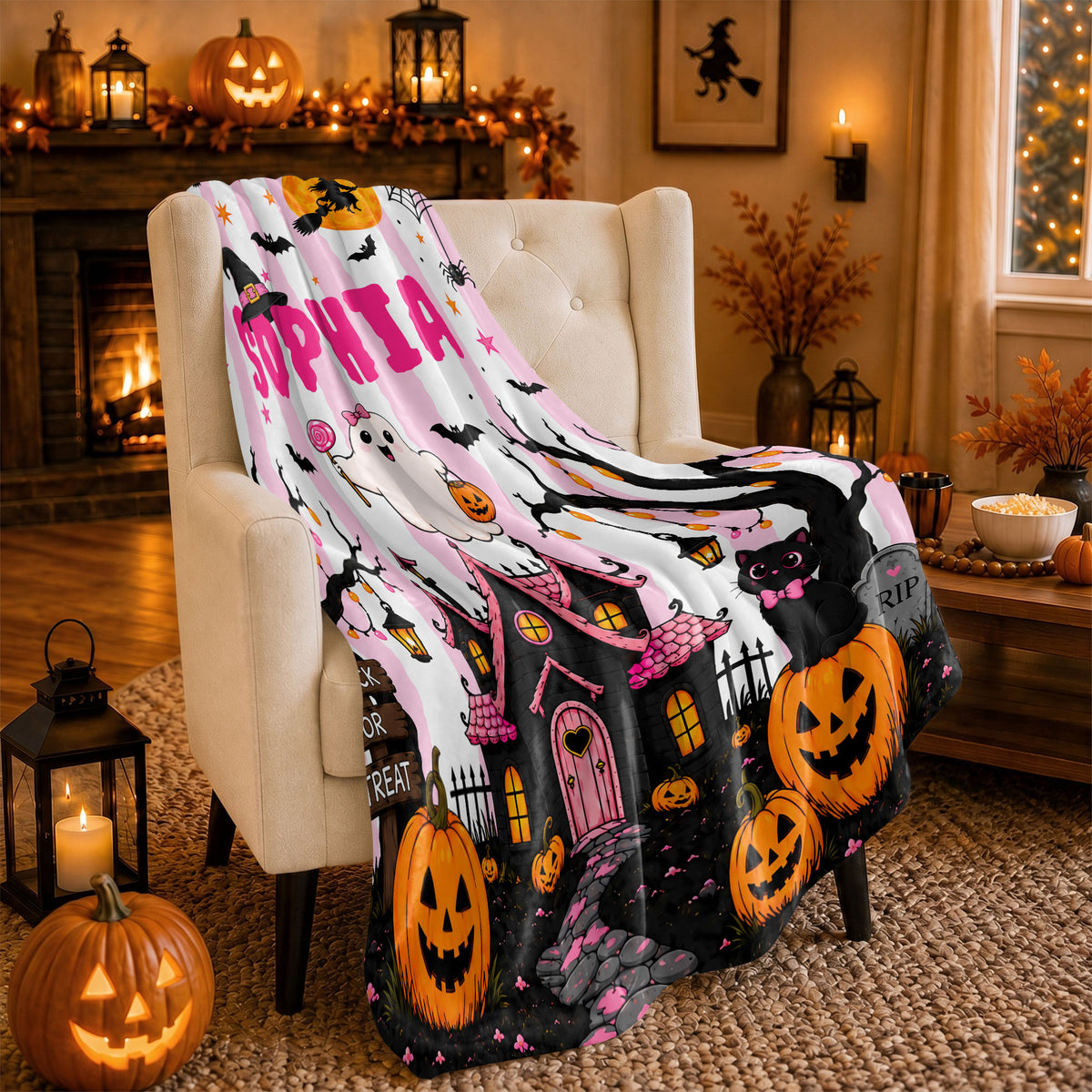 Personalized Halloween Fleece Blanket, Sherpa Blanket, Custom Name Ghost Pumpkin Blanket, Cute Spooky Seasonal Home Decor for Kids