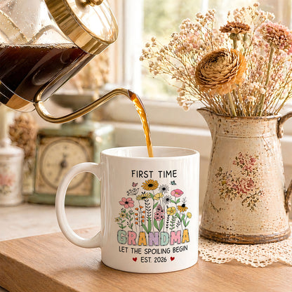 Personalized First Time Grandma Mug – Let The Spoiling Begin Coffee Mug, New Grandma Gift Est 2026