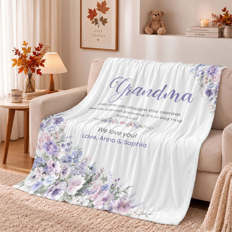 Personalized Grandma Thanksgiving Fleece or Sherpa Blanket, Floral Garden Family Custom Gift for Grandma