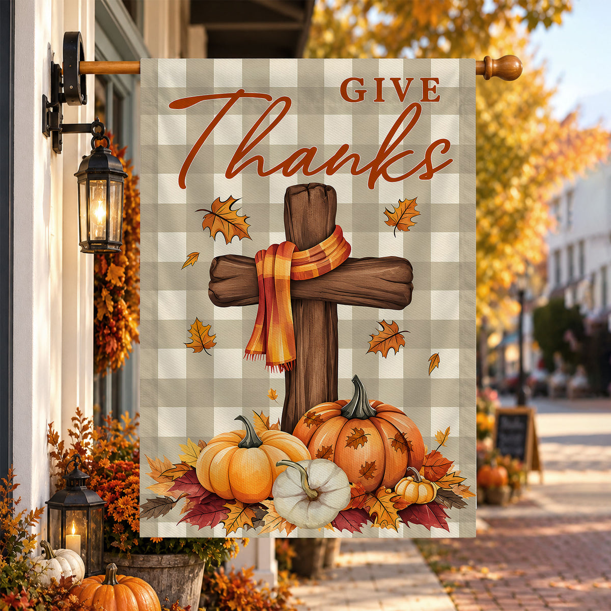 Give Thanks Fall Garden Flag, Rustic Cross Pumpkin Thanksgiving Yard Flag, Autumn Outdoor Decor