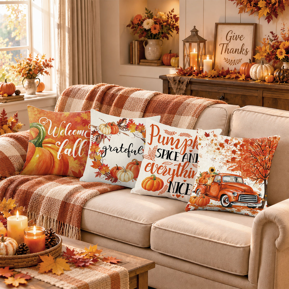 Thanksgiving Fall Decorative Pillow Set of 2 or 4, Harvest Throw Pillows for Home Decor, Gifts for Family