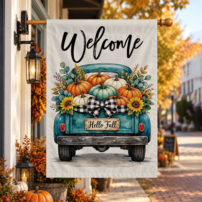 Hello Fall Garden Flag, Welcome Truck Happy Fall Ya'll Floral Pumpkin Outdoor Decor Gift For Family