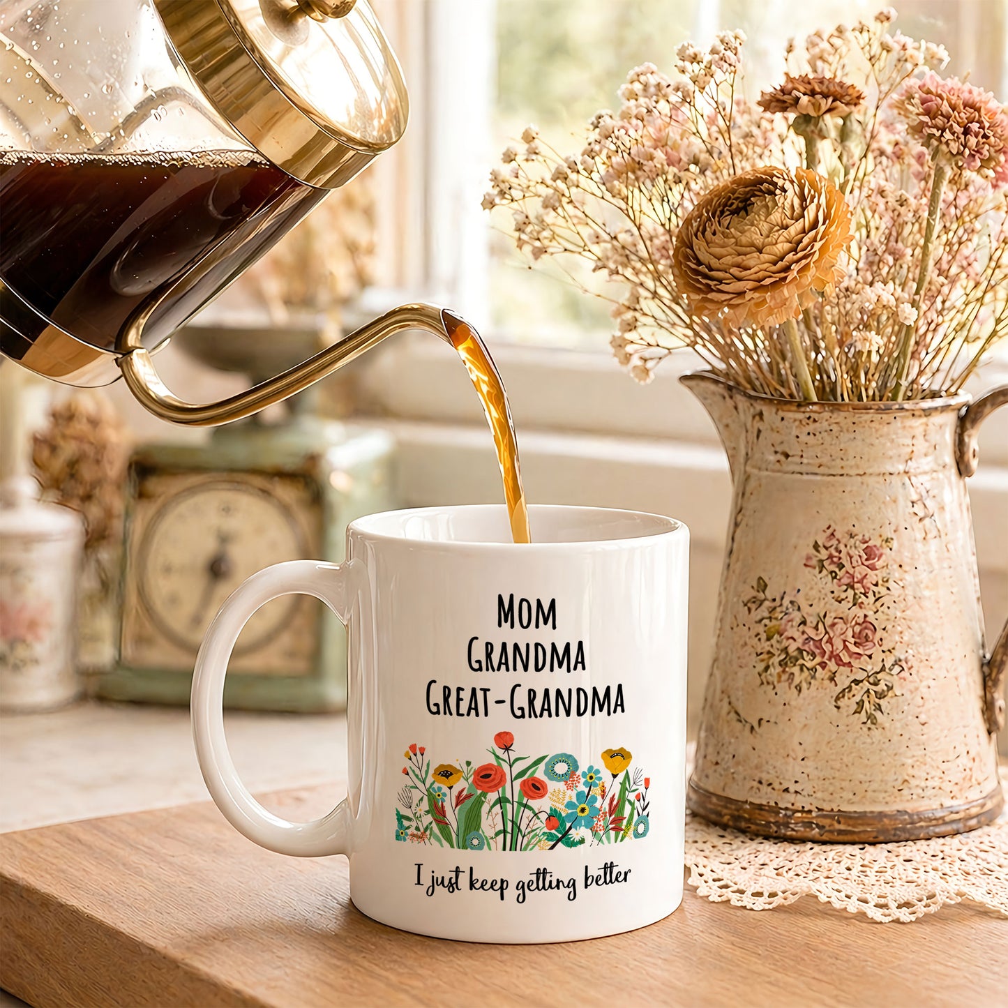Personalized Mom Grandma Great-Grandma Floral Mug – Cute Family Coffee Cup Gift for Mom and Grandma