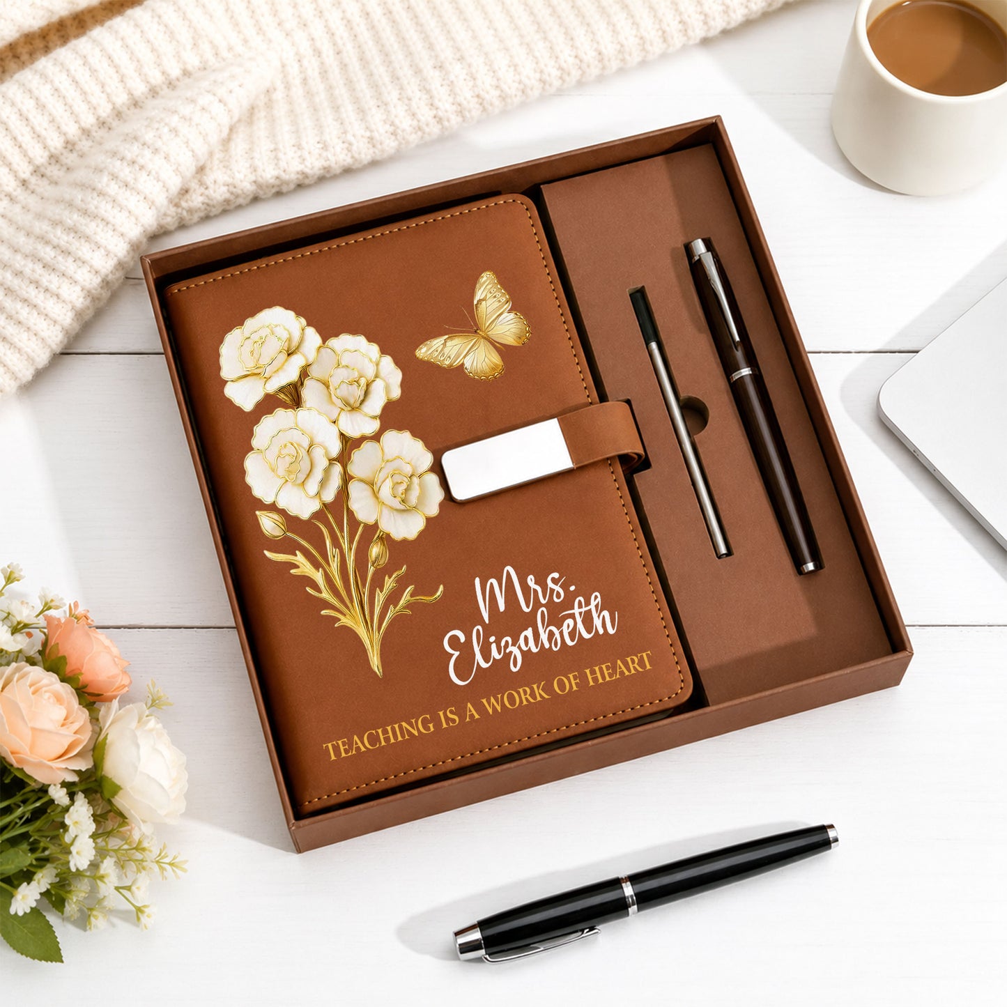 White & Gold Birth Month Flower Teacher Journal - Custom Name Leather Notebook Gift Set - Teacher Appreciation Gift
