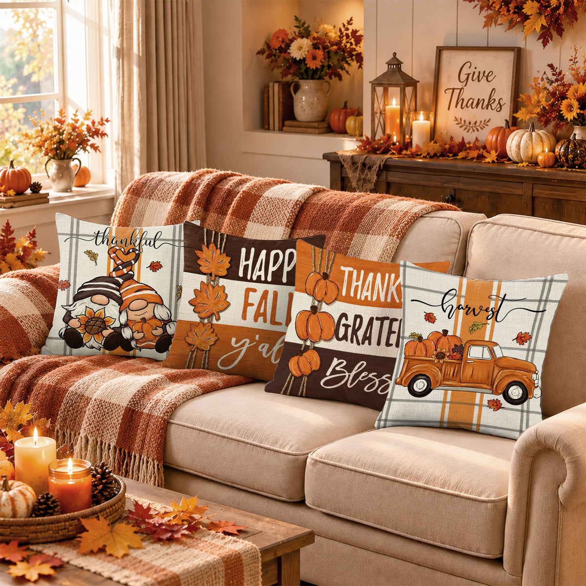 Thanksgiving Fall Decorative Pillow Set of 2 or 4, Harvest Throw Pillows for Home Decor, Gifts for Family
