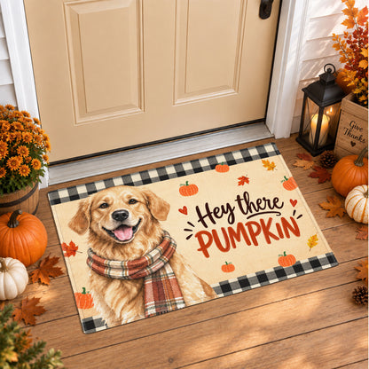 Custom Photo Watercolor Pet With Autumn Accessories Hey There Pumpkin - Personalized Doormat
