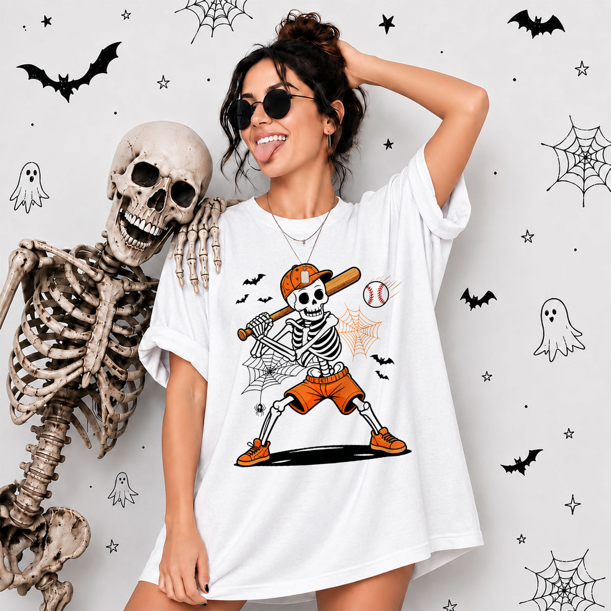 Baseball Skeleton Graphic Halloween Sweatshirt, Spooky Baseball Player Shirt, Funny Halloween Gift