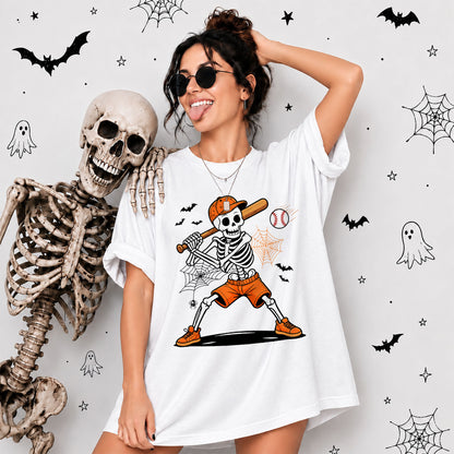 Baseball Skeleton Graphic Halloween Sweatshirt, Spooky Baseball Player Shirt, Funny Halloween Gift