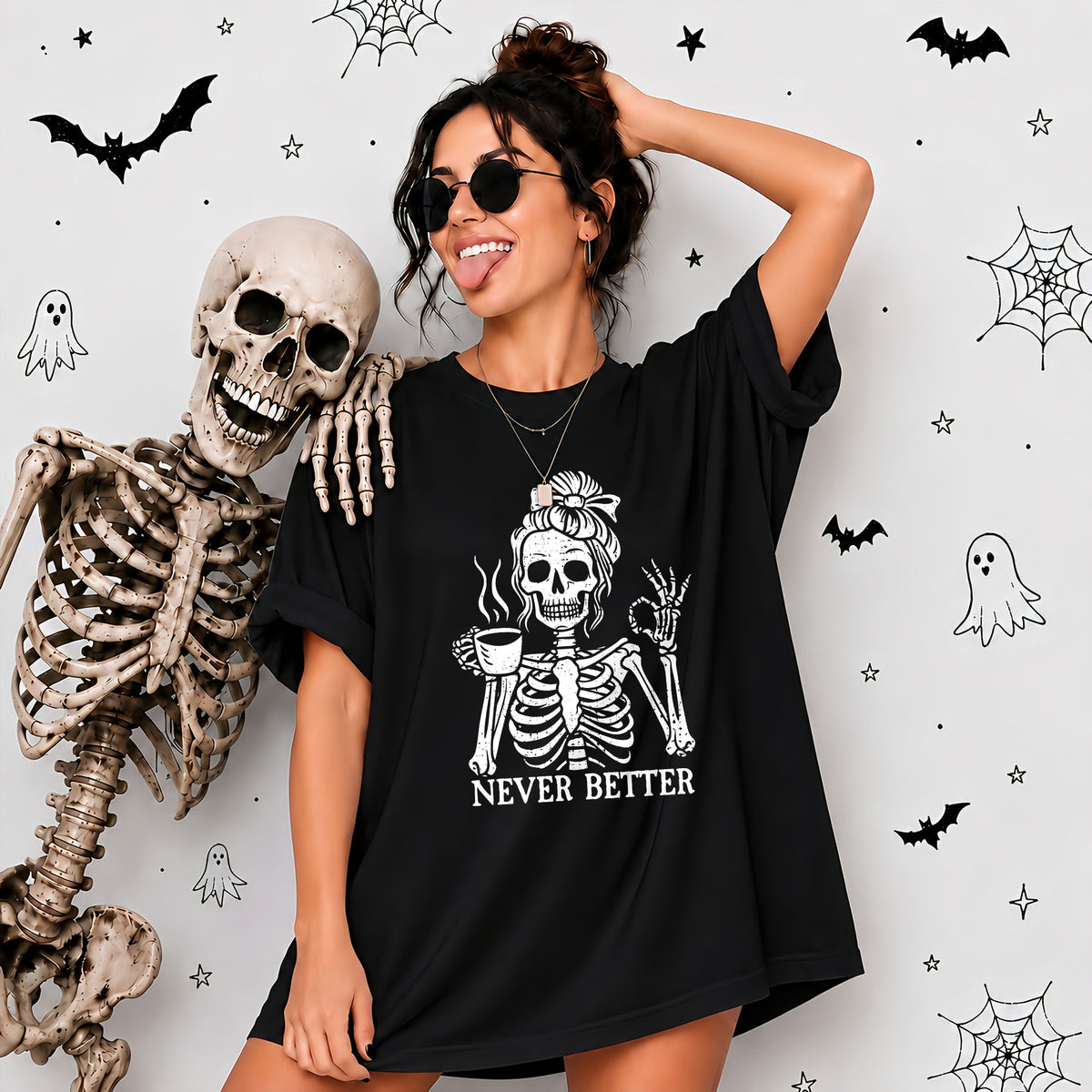 Funny Skeleton Coffee Halloween Sweatshirt, Never Better Graphic, Halloween Gift