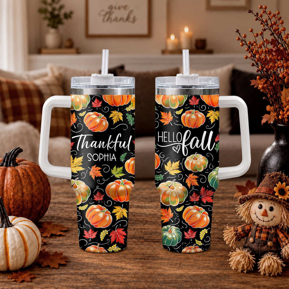 Personalized Thanksgiving Tumbler 40oz, Turkey Fall Leaves Gnome, Hello Fall Custom Name Gift For Adult & Friends