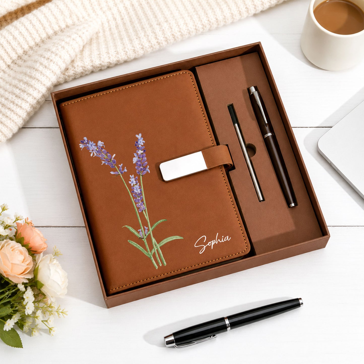 Personalized Leather Notebook Set with Custom Name, Floral Journal Gift Set with Pen for Women, Teacher, Student, Office