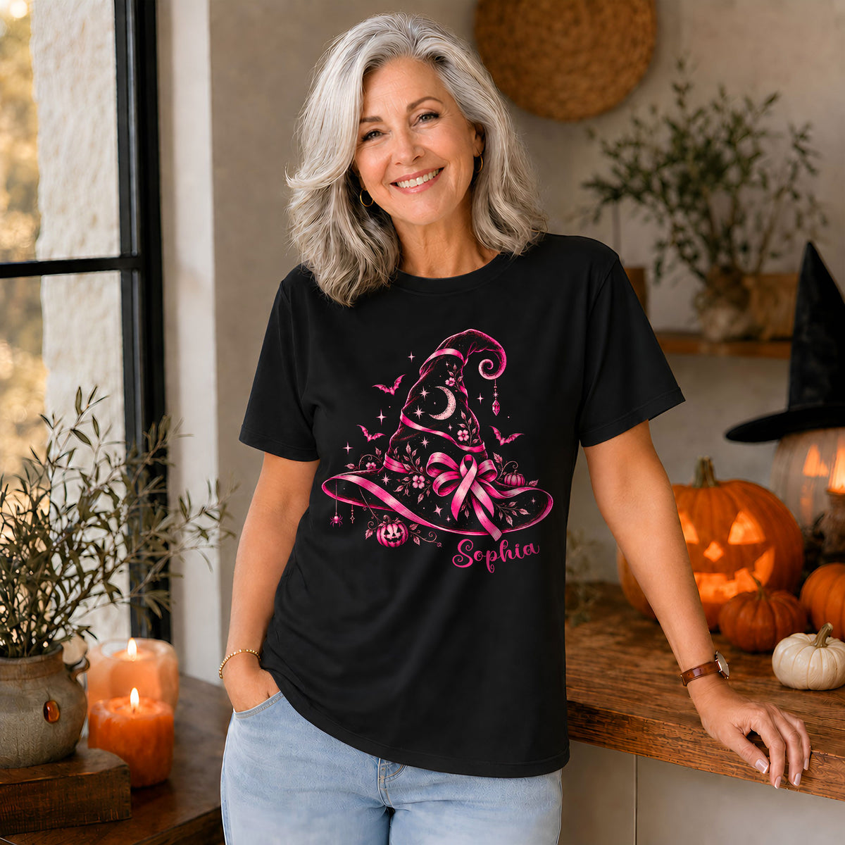 Personalized Halloween Breast Cancer Awareness Shirt for Women, Pink Ribbon Witch Hat Design, Custom Name Family Matching Tee