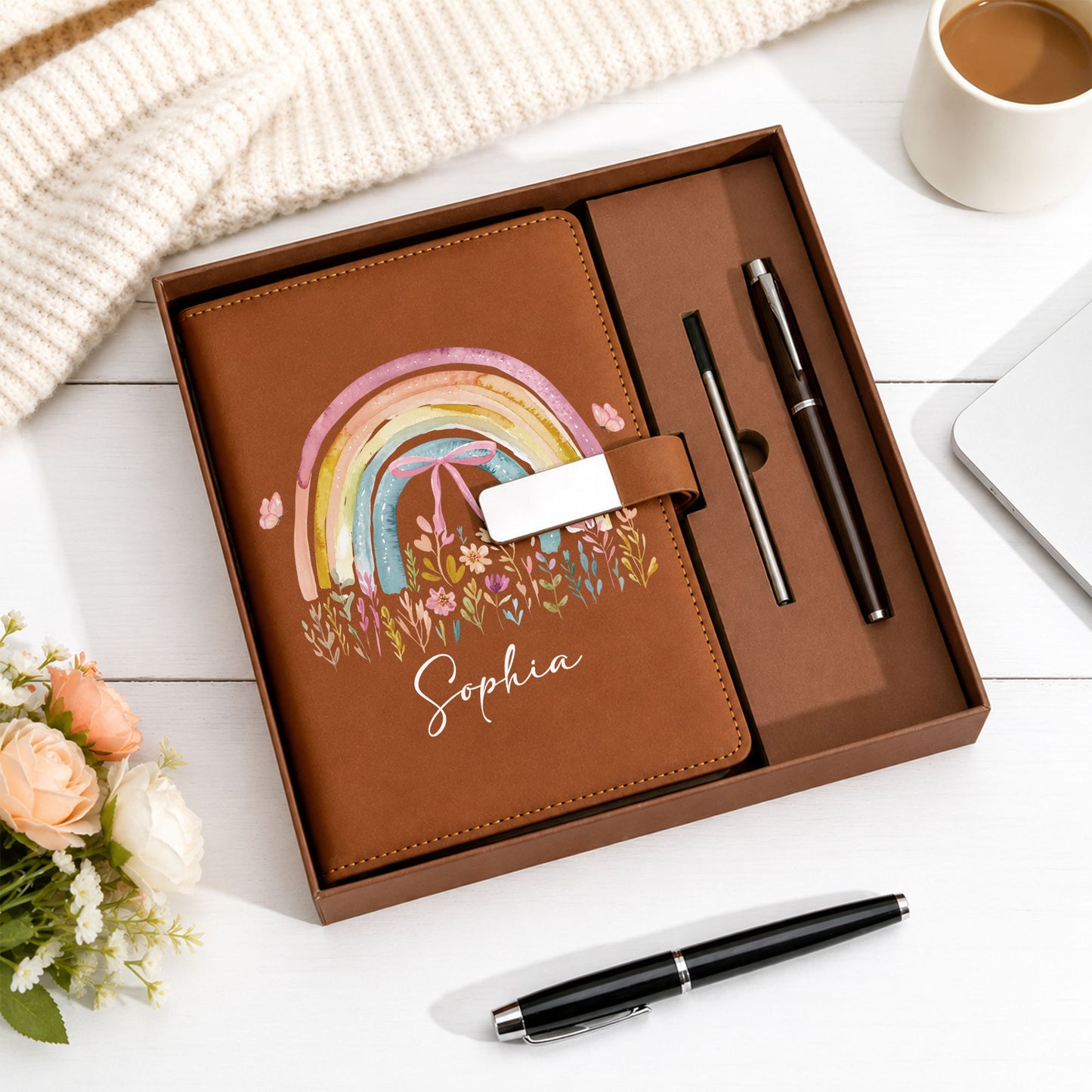 Personalized Leather Notebook Set with Custom Name, Floral Journal Gift Set with Pen for Women, Teacher, Student, Office